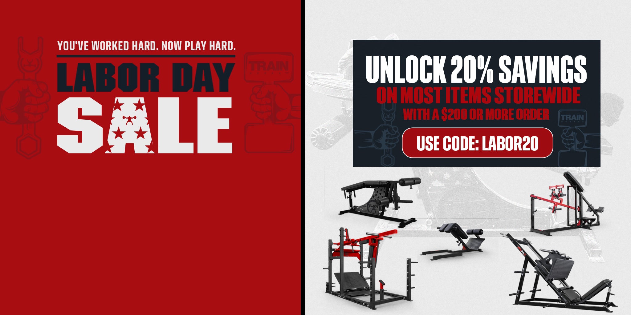 Labor Day sale promotional banner with a red left half reading 'LABOR DAY SALE' and a white-right half showing several black and red gym exercise machines. Text says 'UNLOCK 20% SAVINGS ON MOST ITEMS STORESIDE WITH A $200 OR MORE ORDER' and 'USE CODE: LABOR20'.