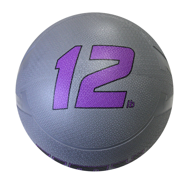 Gray exercise ball with purple '12 lb' marking on a white background