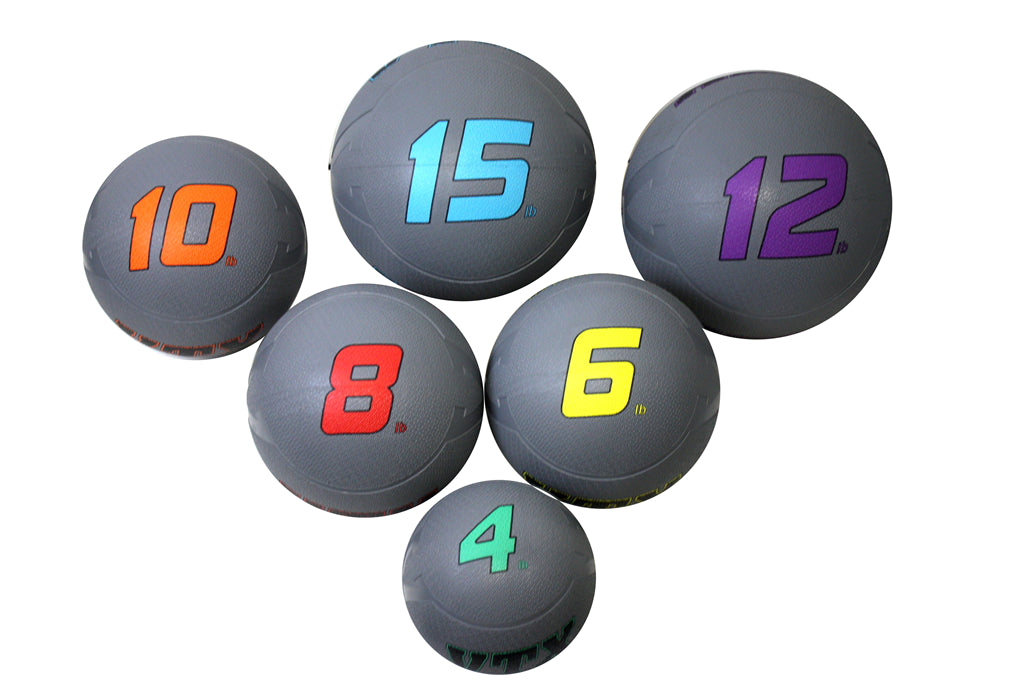 Set of gray exercise balls with colorful numbers on a white background