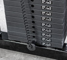 Stack of weight plates with labeled weight capacities on a gym floor.