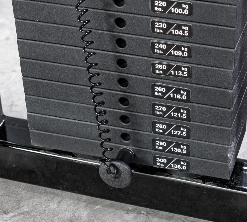 Stack of weight plates with labeled weight capacities on a gym floor.