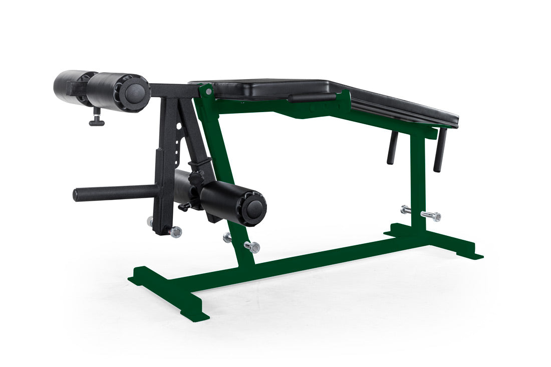 Green and black weight training machine on a white background