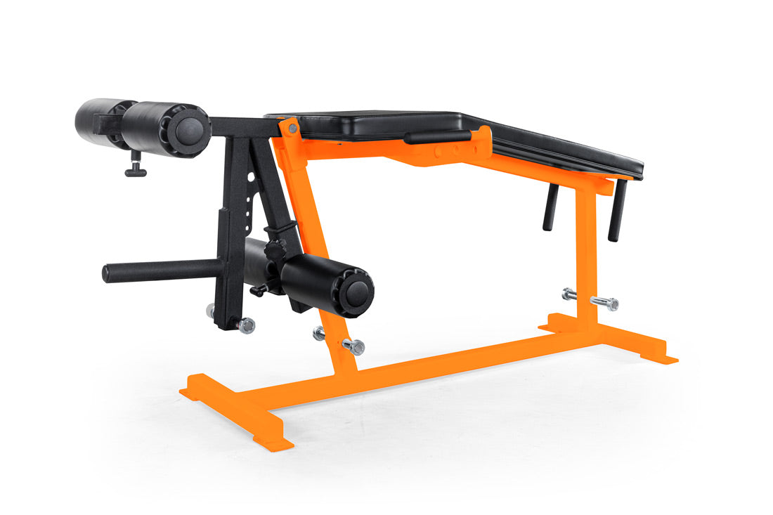 Orange and black weight training machine on a white background