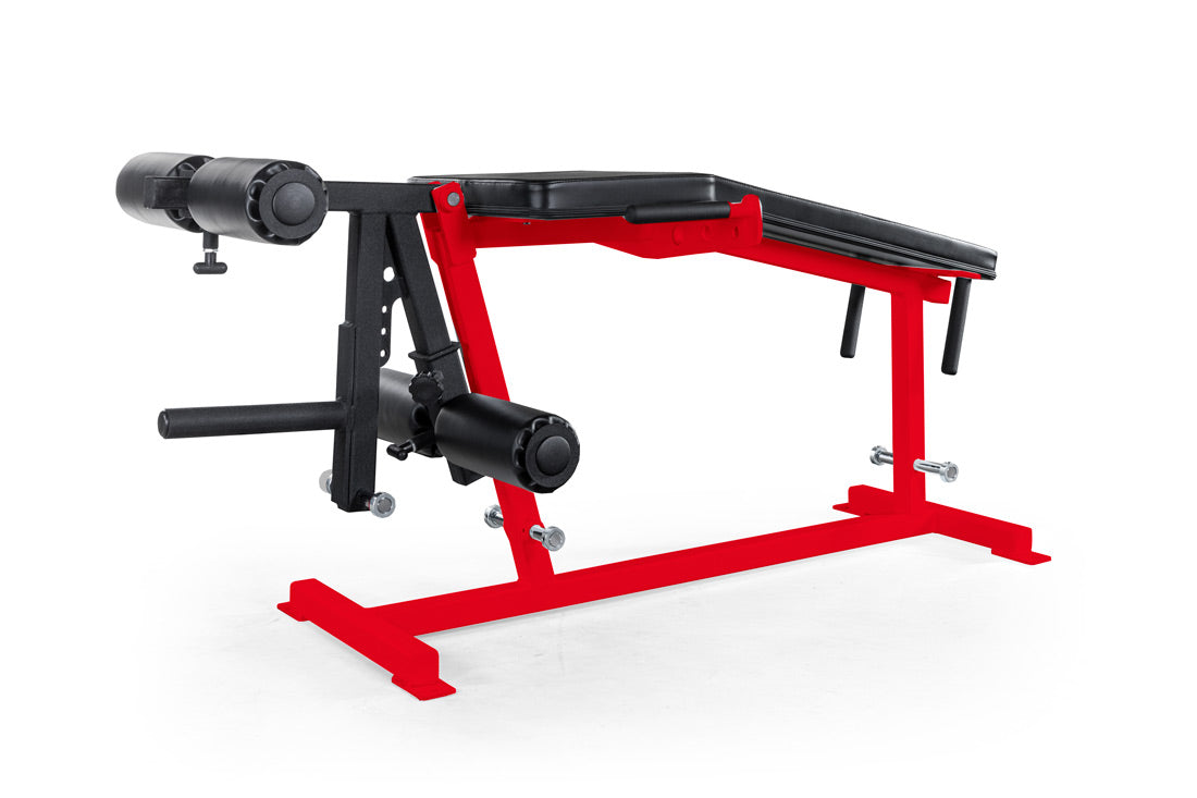 Red and black weight training machine on a white background