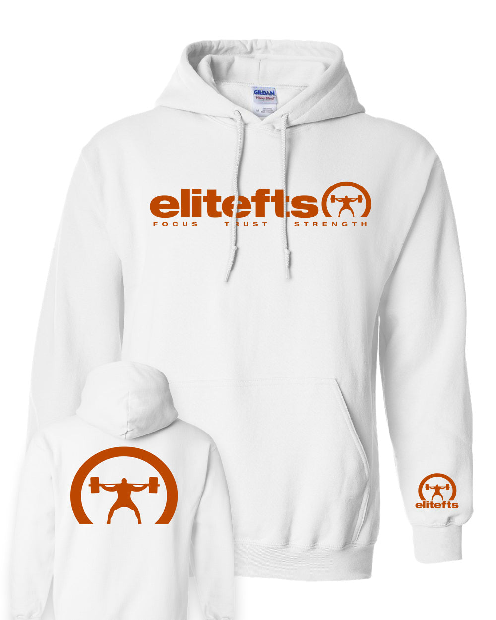 picture of front and back of elitefts Limited Edition Tagline Crescent Brunt Orange White Hoodie