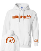 picture of front and back of elitefts Limited Edition Tagline Crescent Brunt Orange White Hoodie