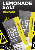 LMNT Lemonade Salt electrolyte drink mix packages on a black background with promotional text.