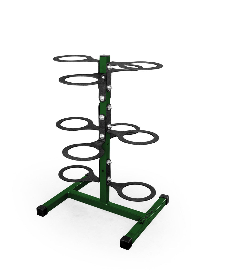 Green metal ring stand with multiple circular shelves on a white background