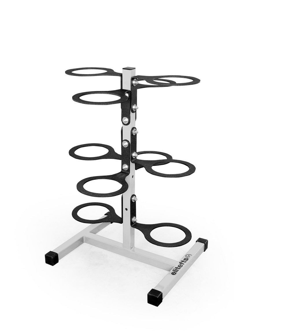Metal ring stand with multiple circular shelves on a white background
