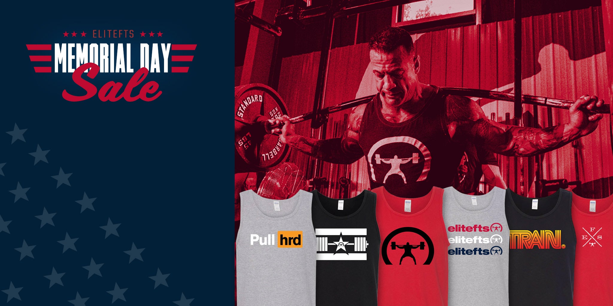 Memorial Day sale advertisement with a man lifting weights and various t-shirts displayed.