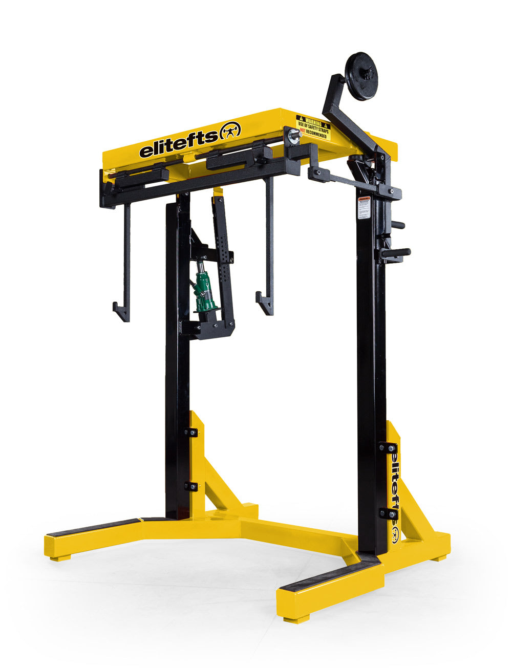 Yellow and black weightlifting machine with 'elitefts' branding on a white background