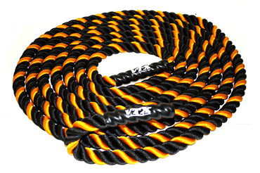 Black and orange battle rope with a brand logo on a white background