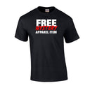 Black t-shirt with 'FREE MYSTERY APPAREL ITEM' text on a white background