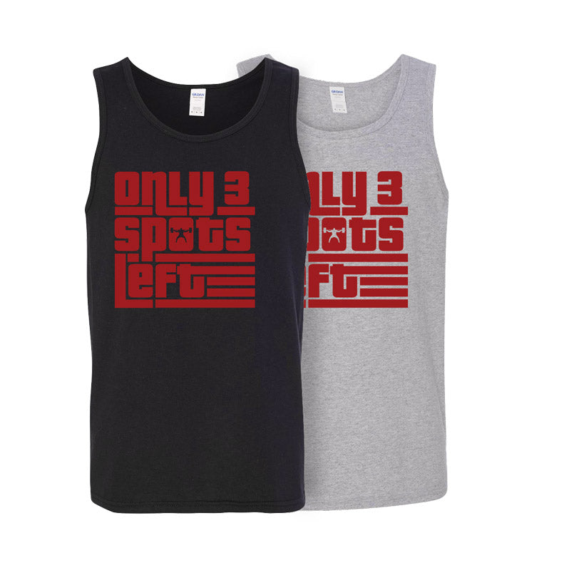 two tank tops, one black and one gray, with the "only 3 spots left" decal on the chest
