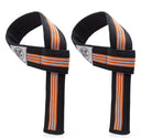 Pair of black wrist straps with orange and gray stripes on a white background