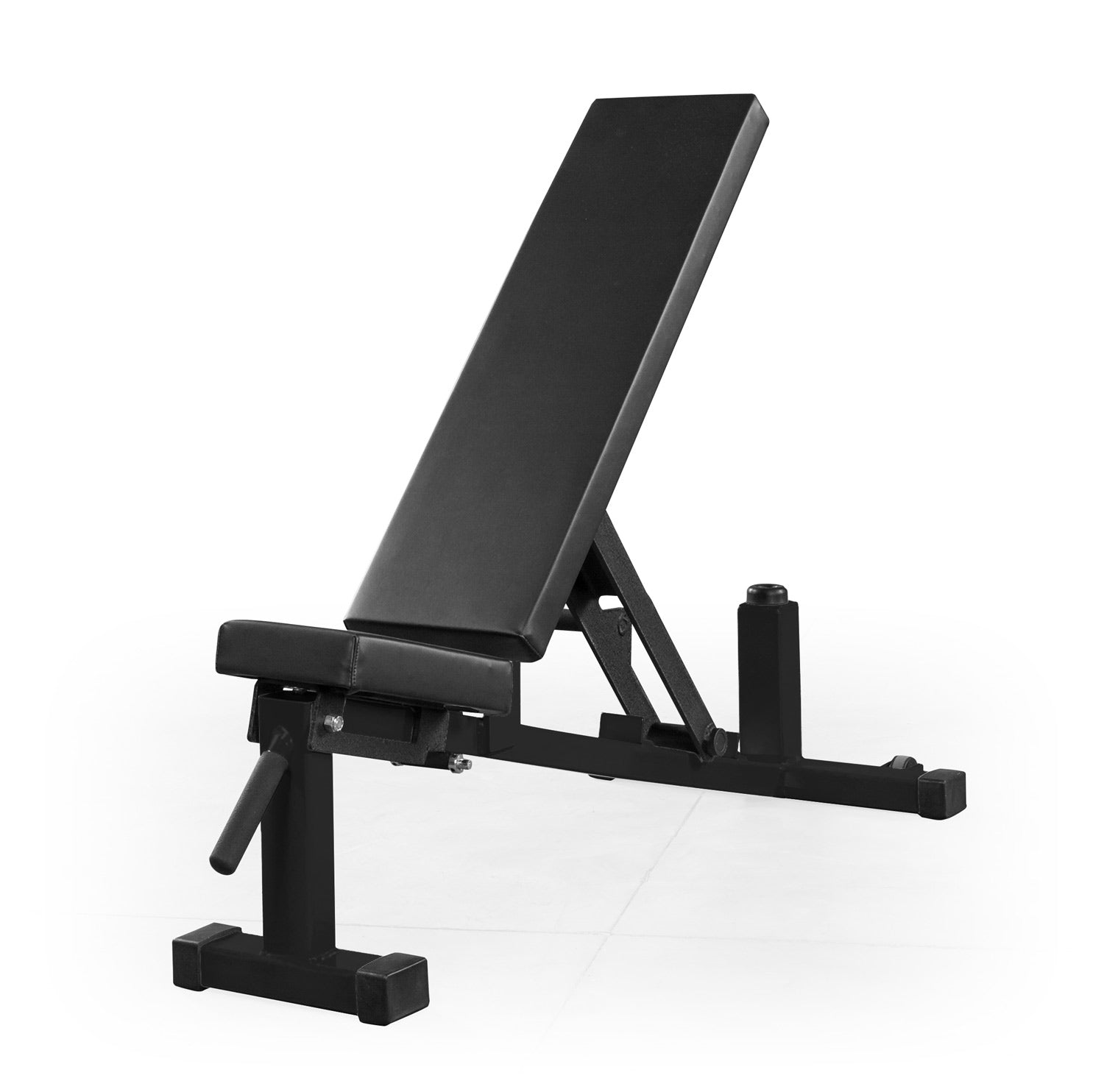 Black adjustable weight bench on a white background