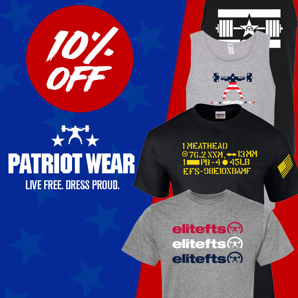 Patriot Wear clothing with promotional text on a red, white, and blue background
