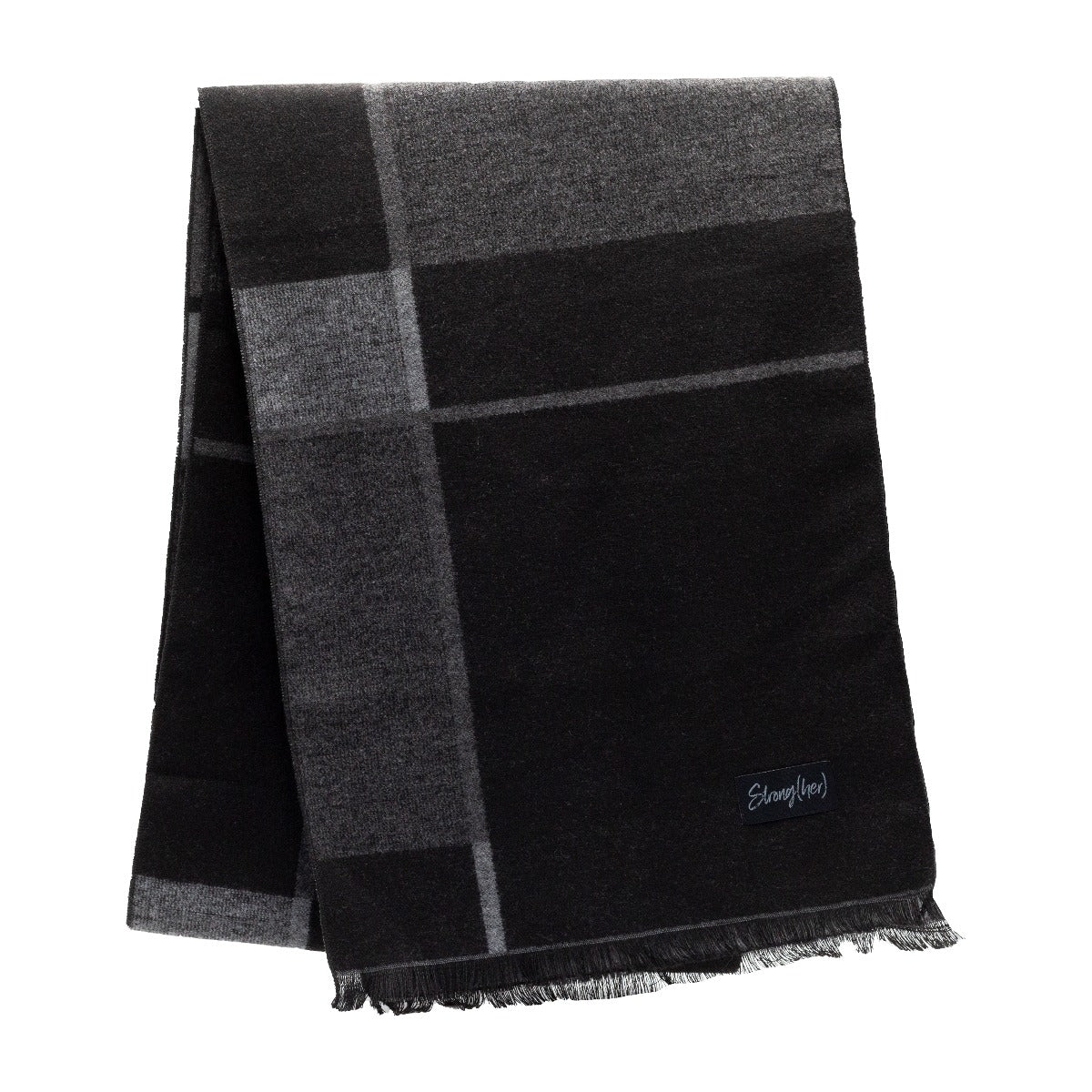 Black and gray checkered scarf with brand logo on a white background