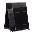 Black and gray checkered scarf with brand logo on a white background