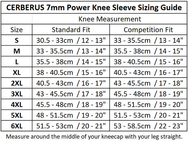 picture of CERBERUS 7MM POWER KNEE SLEEVE Sizing chart