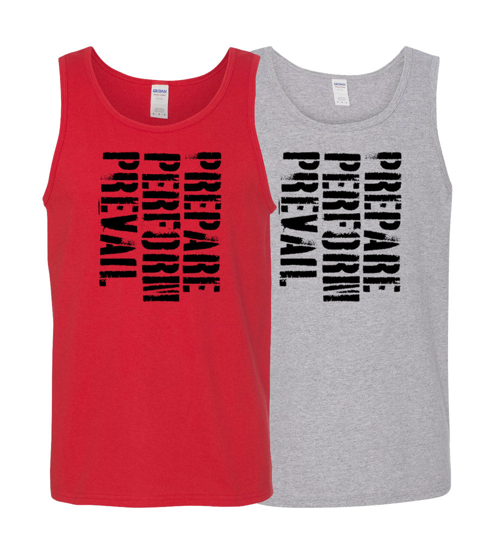 a tank top with the "Prepare, Perform, Prevail" decal on the chest