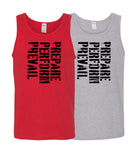 a tank top with the "Prepare, Perform, Prevail" decal on the chest