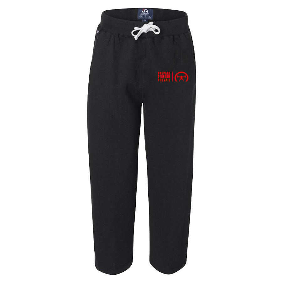 a pair of black small open bottom sweatpants with the Prepare Perform Prevail decal on the left side of the pants