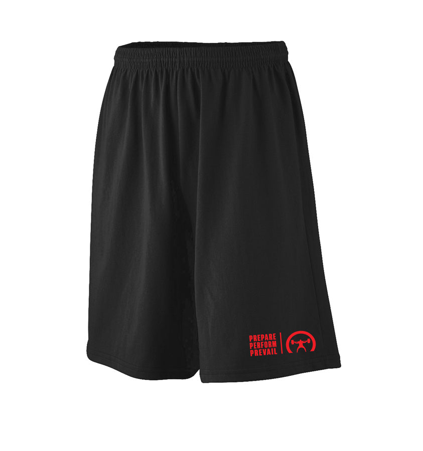 a black pair of small shorts with the "Prepare, Perform, Prevail" decal on the left pant leg