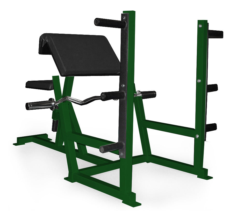 Green weight lifting bench with black padding on a white background