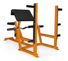 Orange weight bench with black padding on a white background