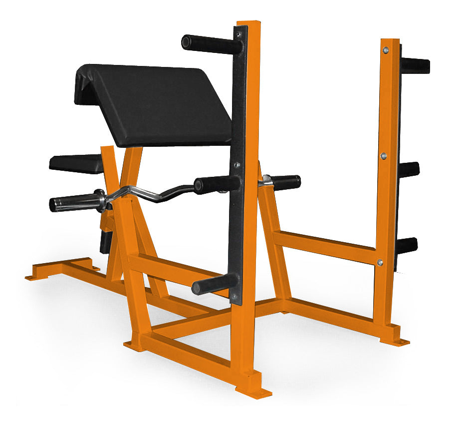 Orange weight bench with black padding on a white background