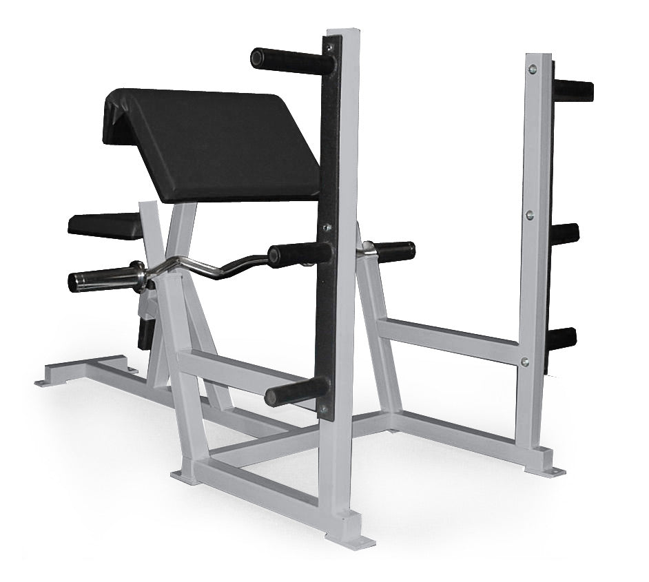Fitness equipment, specifically a weight bench with arm curl attachment on a white background
