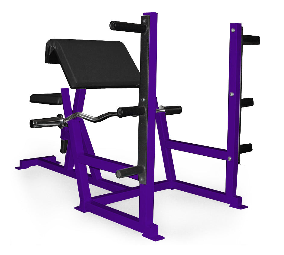 Purple weight bench with black padding on a white background