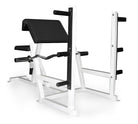 White weight bench with black padding on a white background