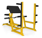 Yellow weight lifting bench with black padding on a white background