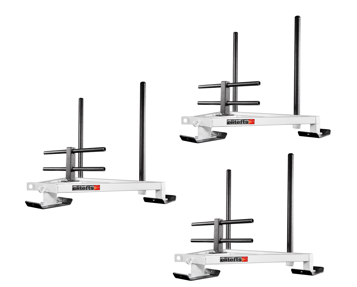 Set of three white weightlifting platforms with black bars on a white background