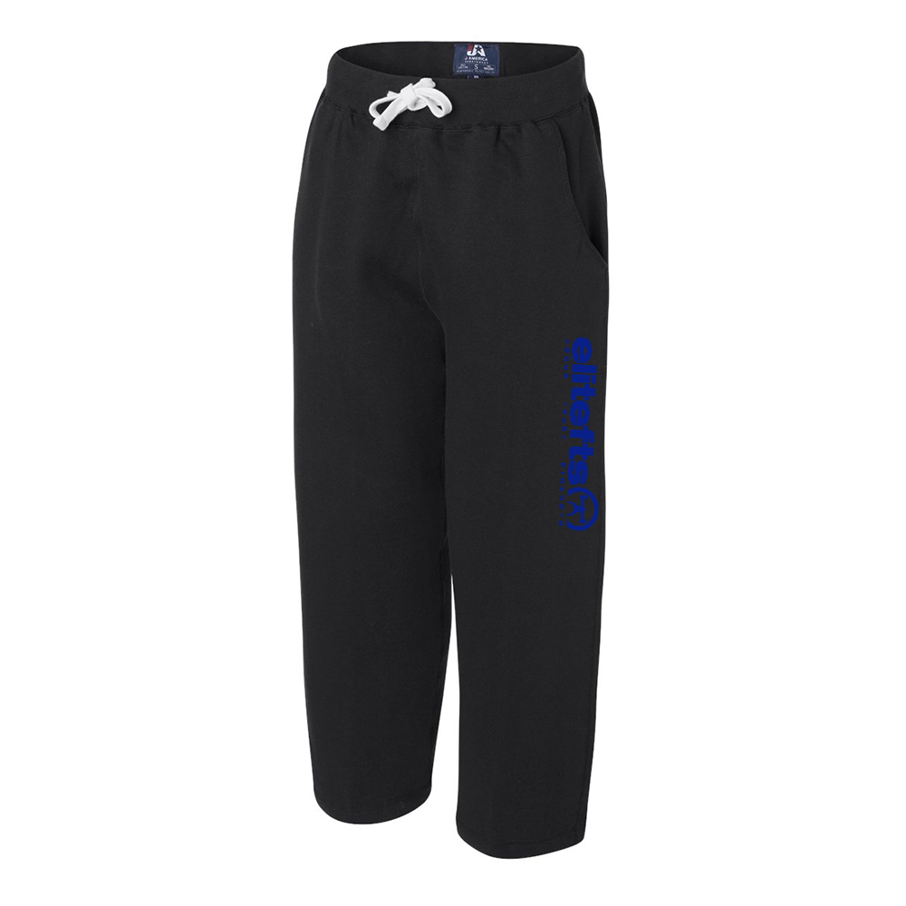 a pair of black sweatpants with a royal blue variant of the tagline decal on the left pant leg
