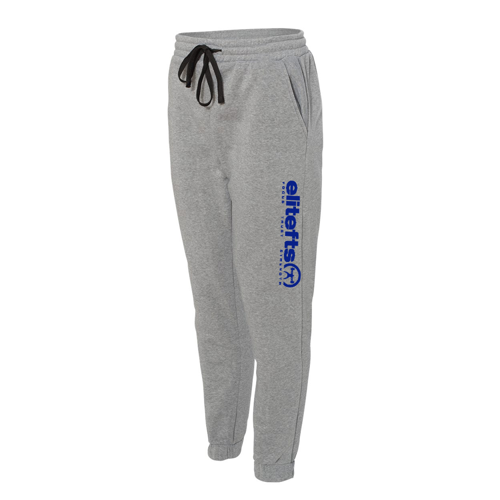 a pair of gray fleece jogger pants with the with a royal blue tagline decal on the left pant leg