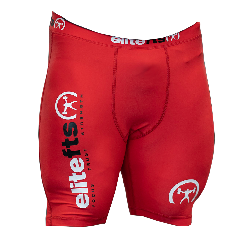 a pair of red compression shortswith EliteFTS decals on various parts of the product