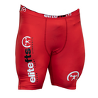 a pair of red compression shortswith EliteFTS decals on various parts of the product