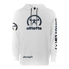 the front of the white sweat shirt with the brand decals