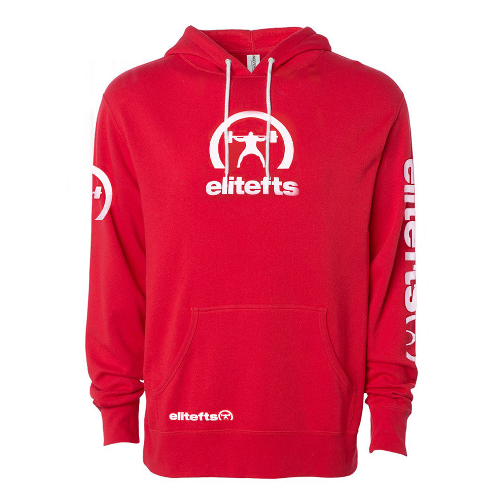 the front of the red sweat shirt with the brand decals
