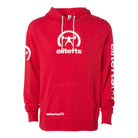 the front of the red sweat shirt with the brand decals