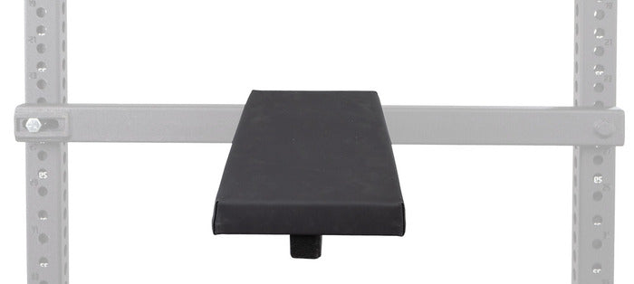 Black weightlifting platform attached to a gray metal rack on a white background