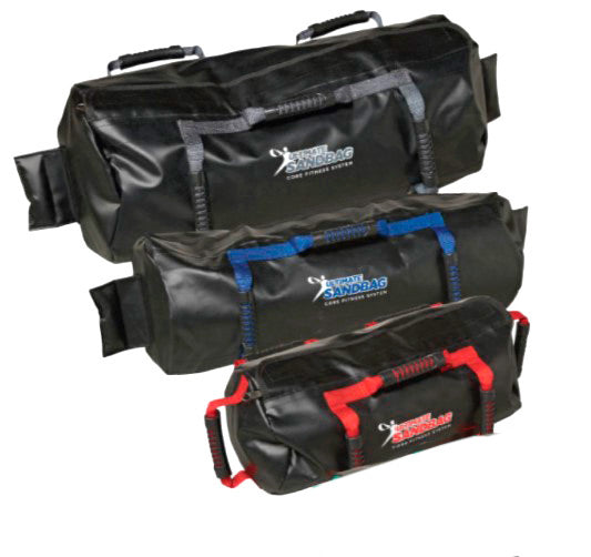 Three black sandbags with red and blue accents on a white background