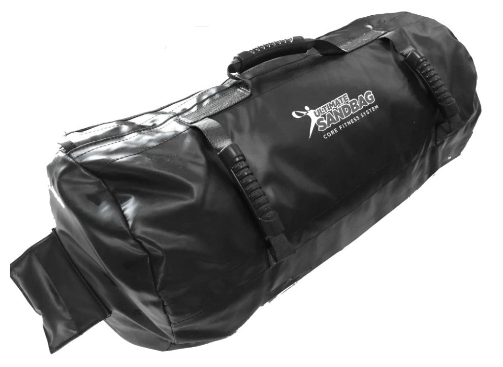 Black sand bag with visible brand logo on a white background