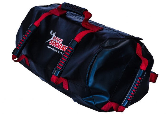 Black and red sandbag with visible branding on a white background