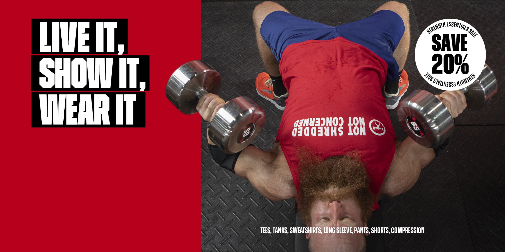Person lifting weights with promotional text and discount offer on a red background