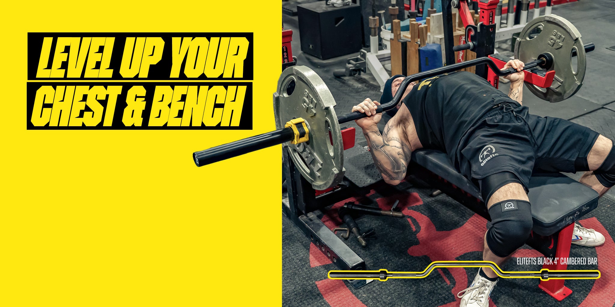 Person performing a bench press with gym equipment and text 'Level Up Your Chest & Bench' on a yellow background.