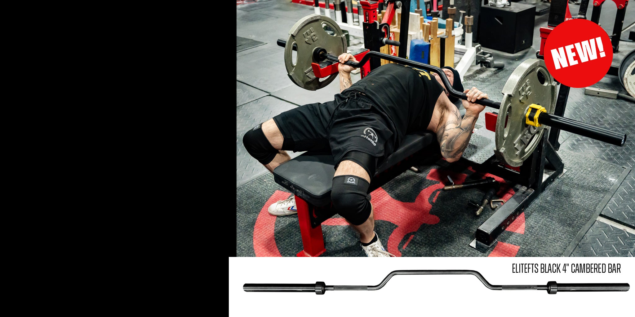 Person bench pressing with a barbell, surrounded by gym equipment, and an Elitefts barbell graphic.